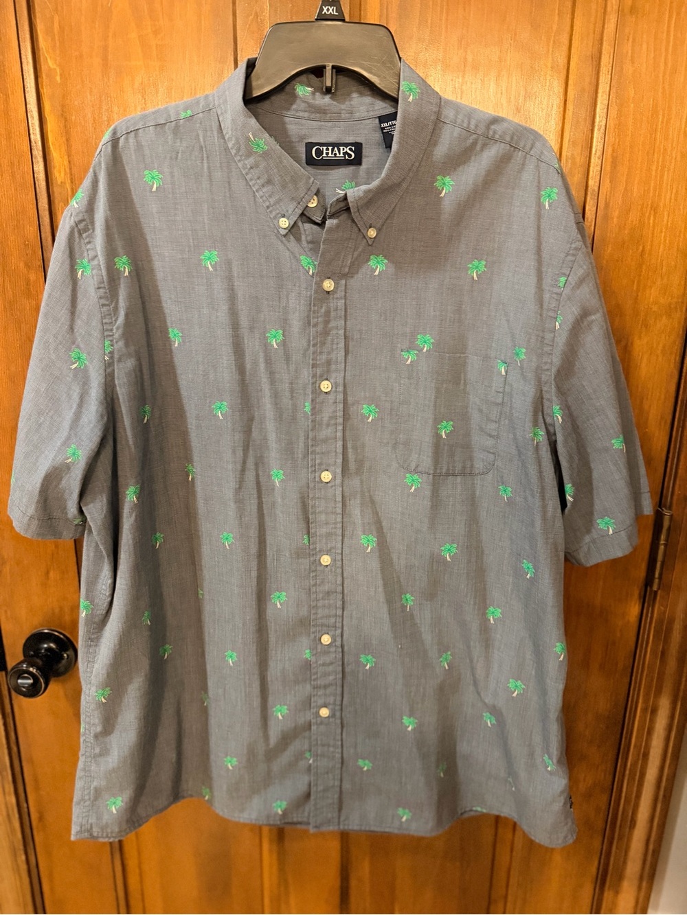 Chaps Short-Sleeve Button-Down Shirt — Blue with Green Palm Motif
